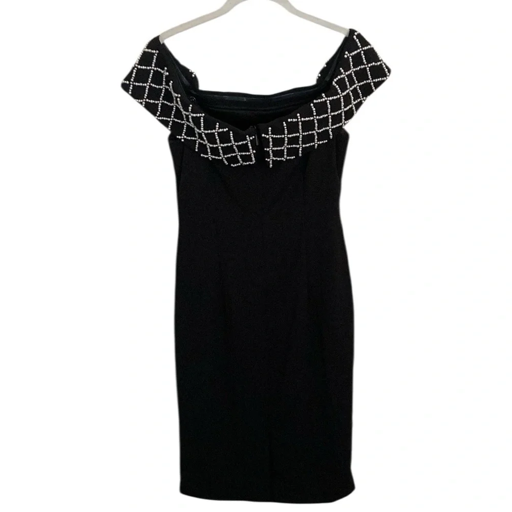 Karl Lagerfeld Elegant Pearl Beaded Black Off-Shoulder Dress Sz 10 - Picture 2 of 8